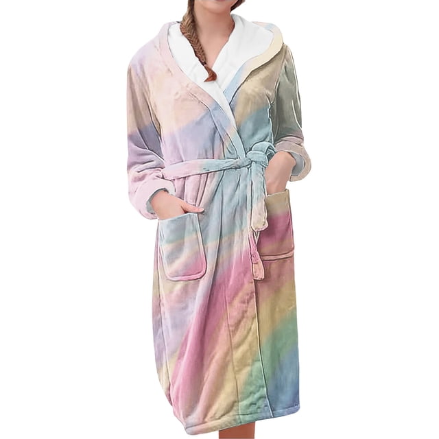 Jindong Robes en Peluche pour Femmes Robe de Nuit Décontractée et Confortable en Flanelle à Manches Longues Imprimée Colorée pour Femmes
