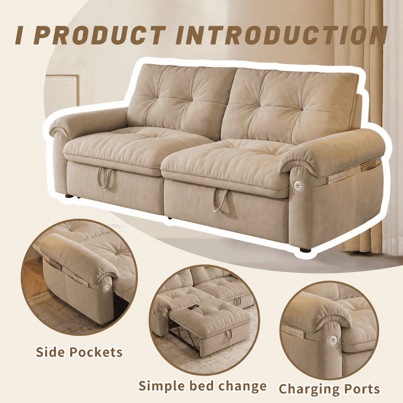 77.2" Convertible Sofa Bed, 2-in-1 Full Size Sleeper Sofa, Plush Upholstered Loveseat with USB Charging Ports & Side Pockets, Steel Frame Pull-Out Couch for Living Room, Bedroom, Apartment