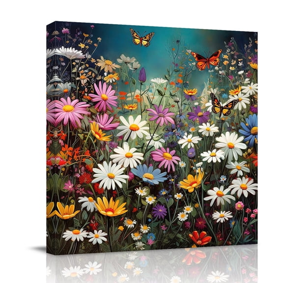 Canvas Wall Art, Spring Floral Framed Canvas Prints for Bathroom Desk, Colorful Daisy Summer Botanical Butterfly Small Gallery Wrapped Wall Decor for Home Office, Gifts, 8"x8" Ship Next Day