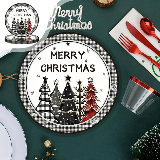LSLJS Black White Checkered Christmas Tree Theme Party Tableware Disposable 7-inchs 9-inchs Paper Plates Paper Cups Tissue Set of Party-Themed Paper Plates Set Christmas Decorations