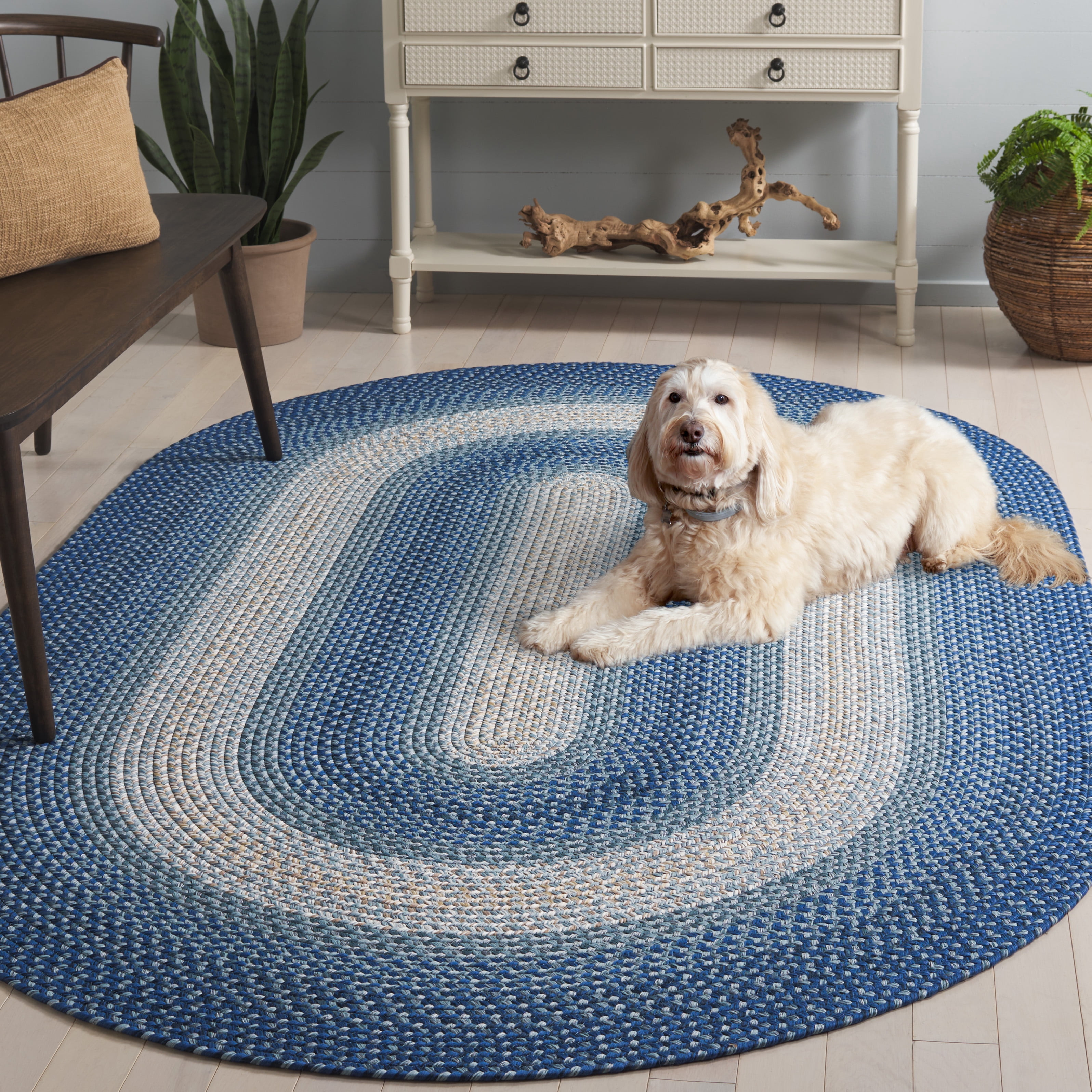 SAFAVIEH Braided Neville Bordered Machine Washable Reversible Area Rug, Navy/Grey, 8' x 10' Oval