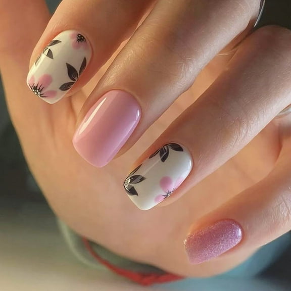 24Pcs Square Press on Nails Glossy Designs French Fake Nails Acrylic False Nails,Artificial Nails Glues on Nails Women