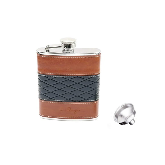 iSavage 6oz Black and Brown Red Leather Wrapped Hip Flask with a Funnel 18/8 Stainless Steel-YM114