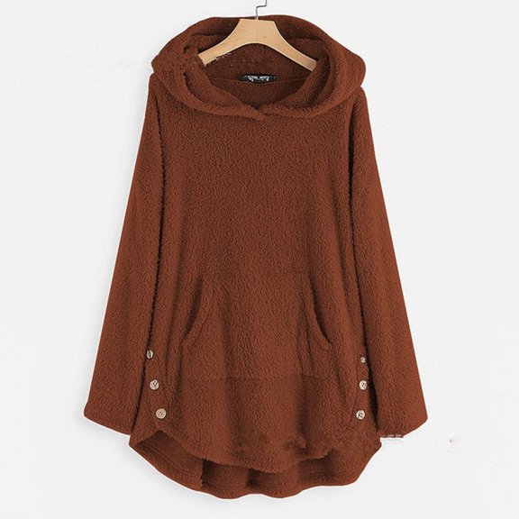 Babysbule Woman's Long Sleeved Hooded Casual Solid Color Plush Buttons Plush Coat Top