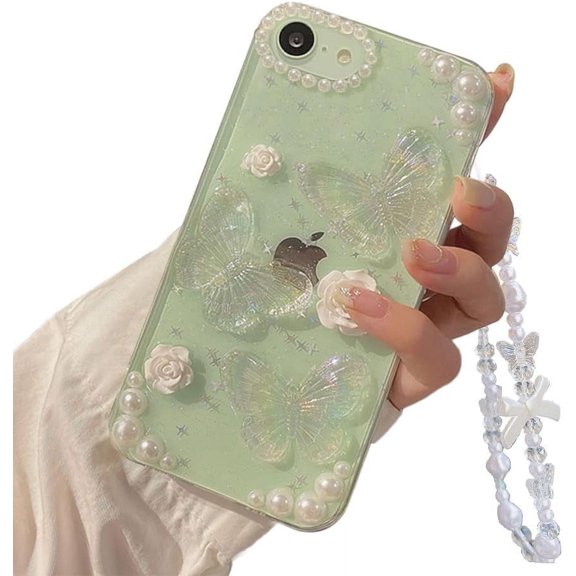 for iPhone SE (2022/2020 Release) /7/8 Case with Pearl Phone Charm Chain 3D Butterfly Flower Cute Glitter Phone Case Aesthetic Crystal Clear Floral Case for iPhone SE/7/8 Women Girl