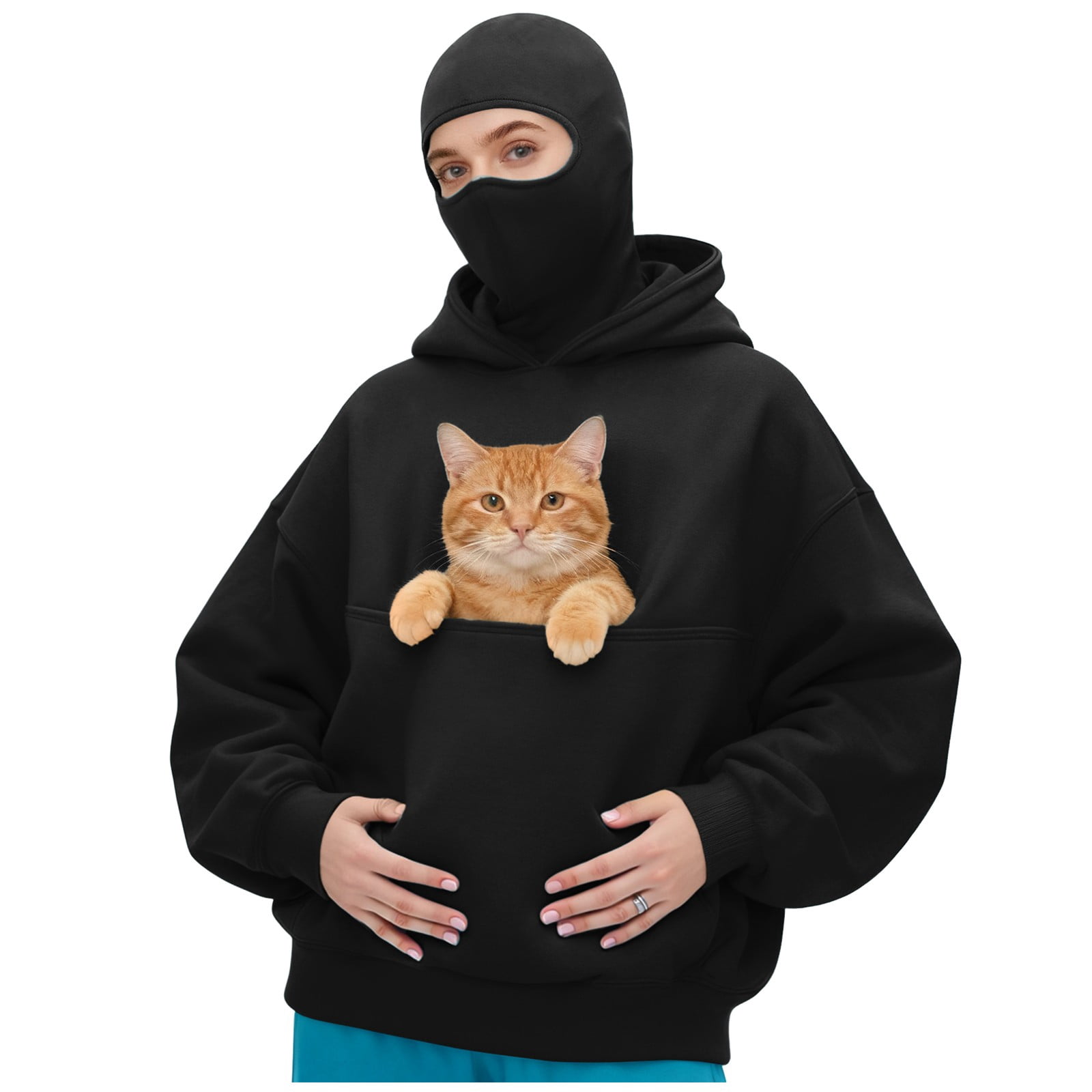idosla Balaclava Ninja Hoodie with Built In Balaclava Unisex Women Long Sleeved Warm Pet Pocket and Winter Streetwear Sportswear Hoodies (Black, L)