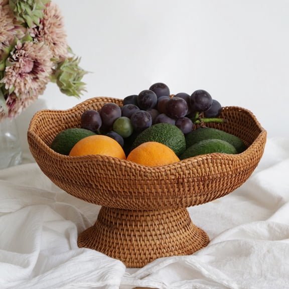 Rattan Fruit Bowl Small Round Wicker Basket,Natural Pedestal Bread Basket,Decorative Storage for Kitchen Dining Table Centerpiece 20cm