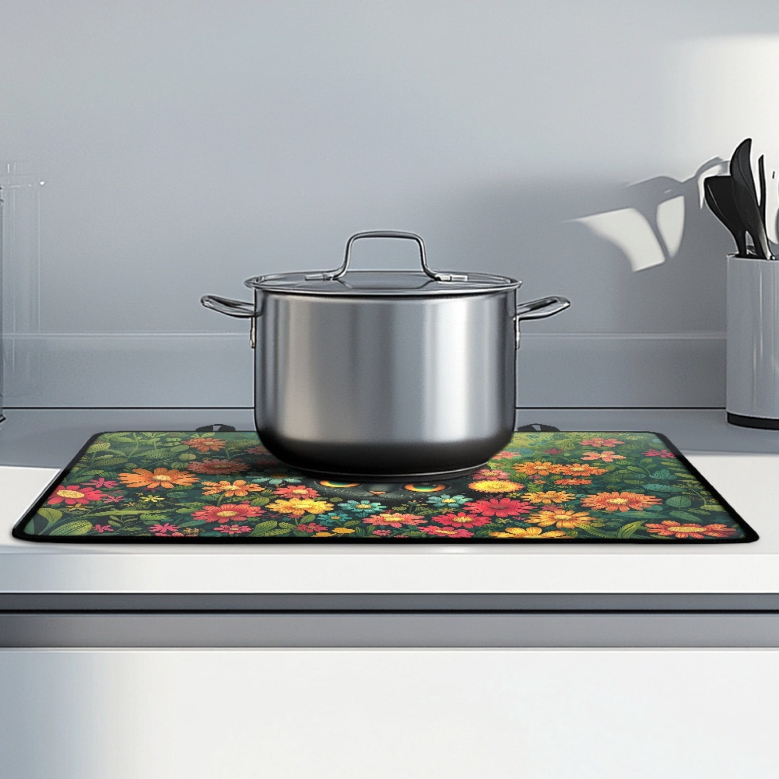 Renewold Stove Cover Glass Stove Top Cover Protector Heat Resistant Non-slip Stove Burner Cover Prevent Scratching Cooktop Mat for Kitchen Counter, Black Cat Flower