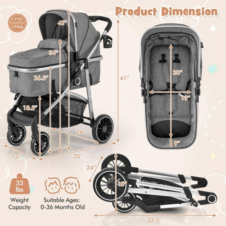 Infans 2 in 1 Convertible Baby Stroller High Landscape Infant Stroller Grey
