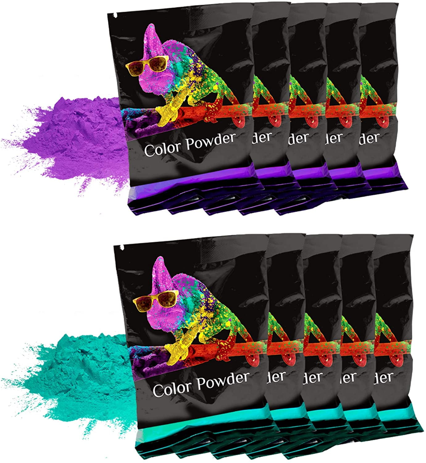 Chameleon Colors Purple and Teal Gender Reveal Powder - Individual Bags of Color Chalk Powder for Photography, Gender Reveal, Birthday Party, Color Run, Holi Festival, and More - 10 Pack of 70g Bags