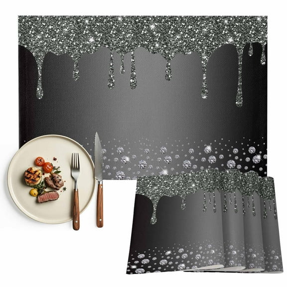Placemats Set of 4, Black Diamond Place Mats Luxury Bling Water Drop Tablemats Washable Placemat Table Decoration for Kitchen Table Dinner Party Home Decor Indoor Outdoor 13x19 Inch