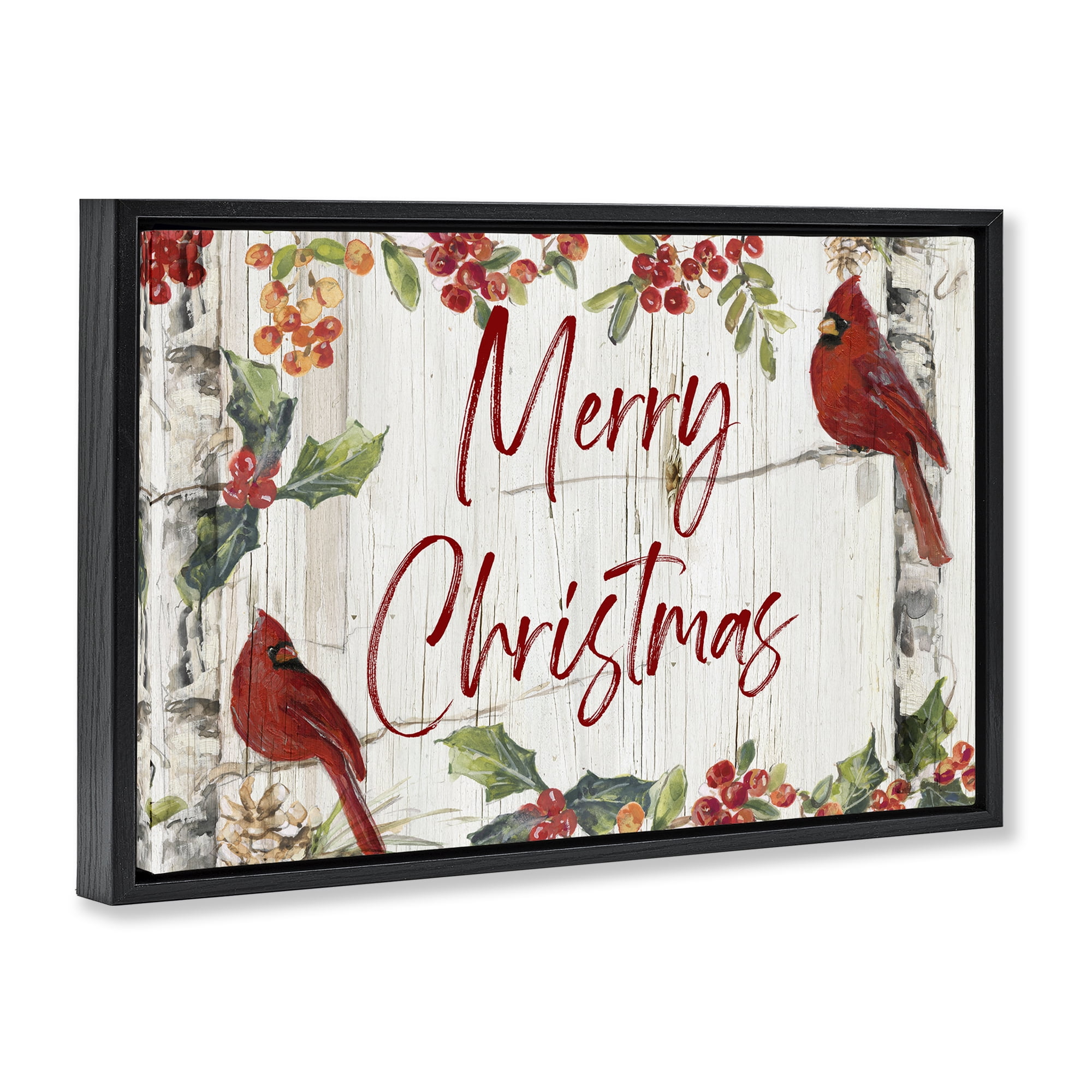 Stupell Industries Christmas & Cardinal Birds Holiday Painting Black Floater Framed Canvas Art Prints Wall Art, 25 x 17