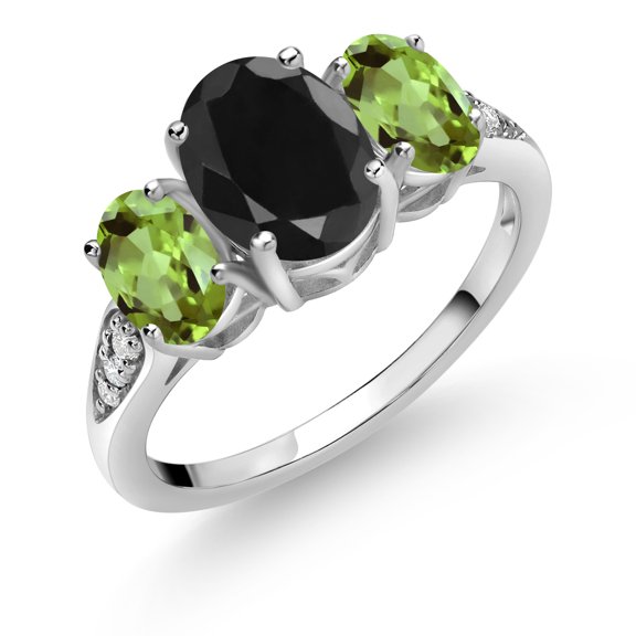 Gem Stone King 10K White Gold Black Sapphire Green Peridot and White Lab Grown Diamond 3 Stone Engagement Ring for Women (2.70 Cttw, Gemstone Birthstone, Size 9)