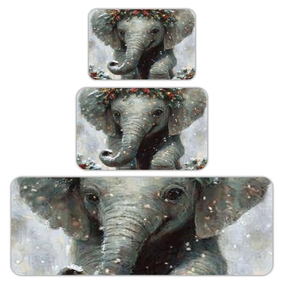 RKSupls Kitchen Rug Set 3 Piece Anti-Slip Flannel Floor Mats, Christmas Elephant Wreath Washable Absorbent Runner Mats for Kitchen Bathroom Home Decor