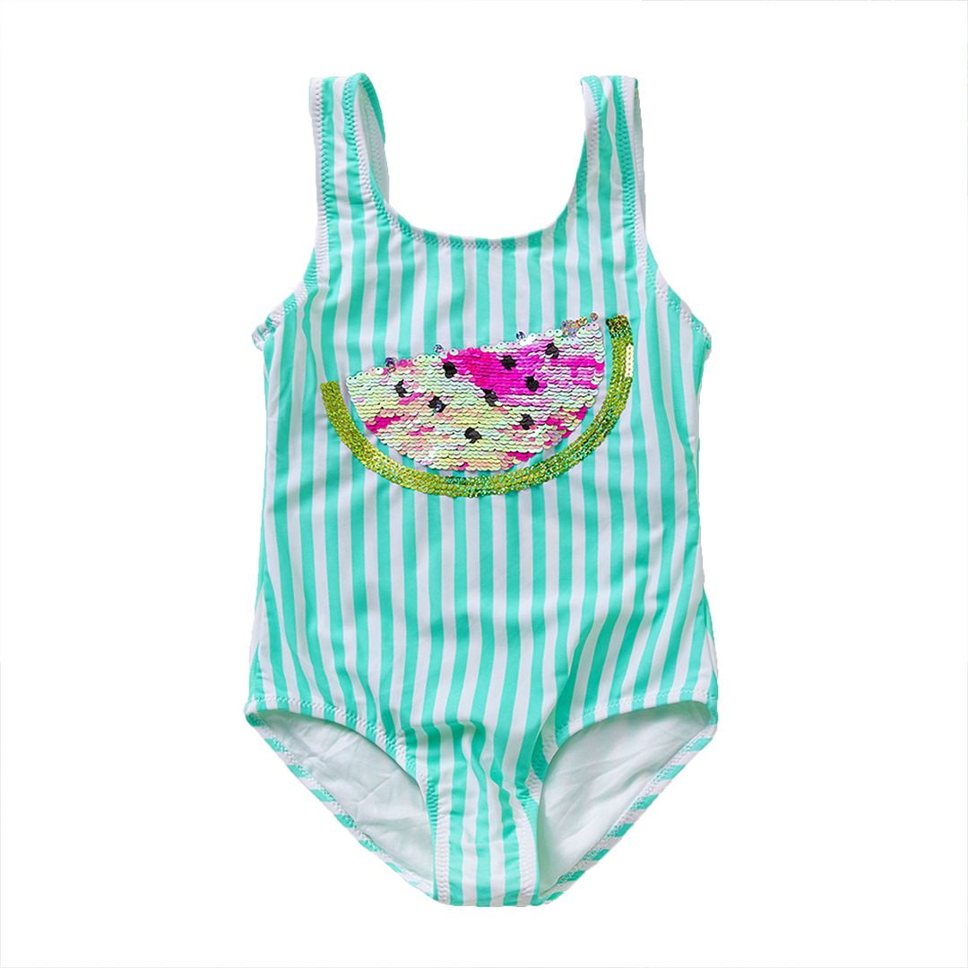 Hiheart Girls' Swimsuit One Piece Thick Strap Stripe Sequin Swimsuit 6-7 Years
