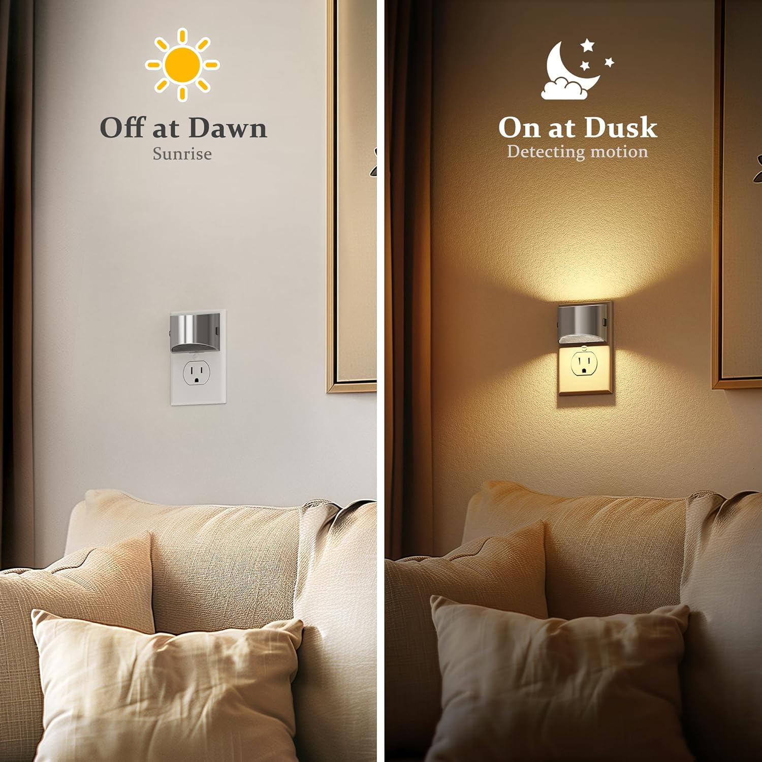 RGHJAR-LED Night Lights Plug into Wall, 2 Pack Modern Night Lights, Dusk to Dawn Sensor Nightlight, 0-100LM Brightness Adjustable, 3000K Soft White(Silver)
