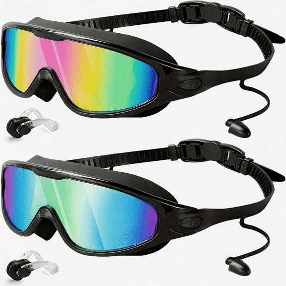 Biiend 2 Pack Swim Goggles for Adults Men Women, Wide-Angle Anti-Fog UV Protection, Leak-Proof Silicone, Adjustable Strap, with Earplugs & Nose Clip for Pool Training
