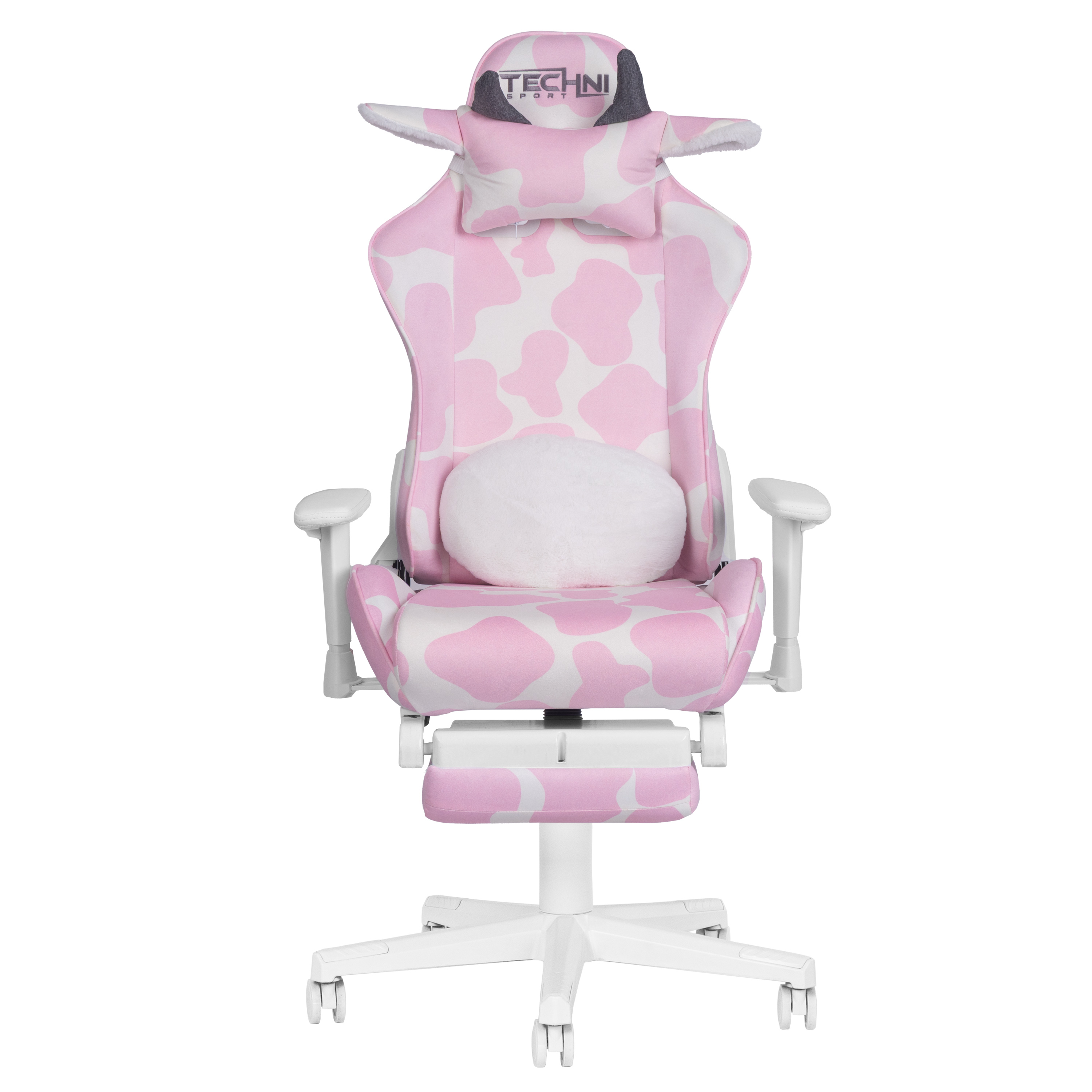 Techni Sport Pink Cow Print Gaming Chair w/ Footrest, Lumbar Support, Recline & 300 lb Capacity