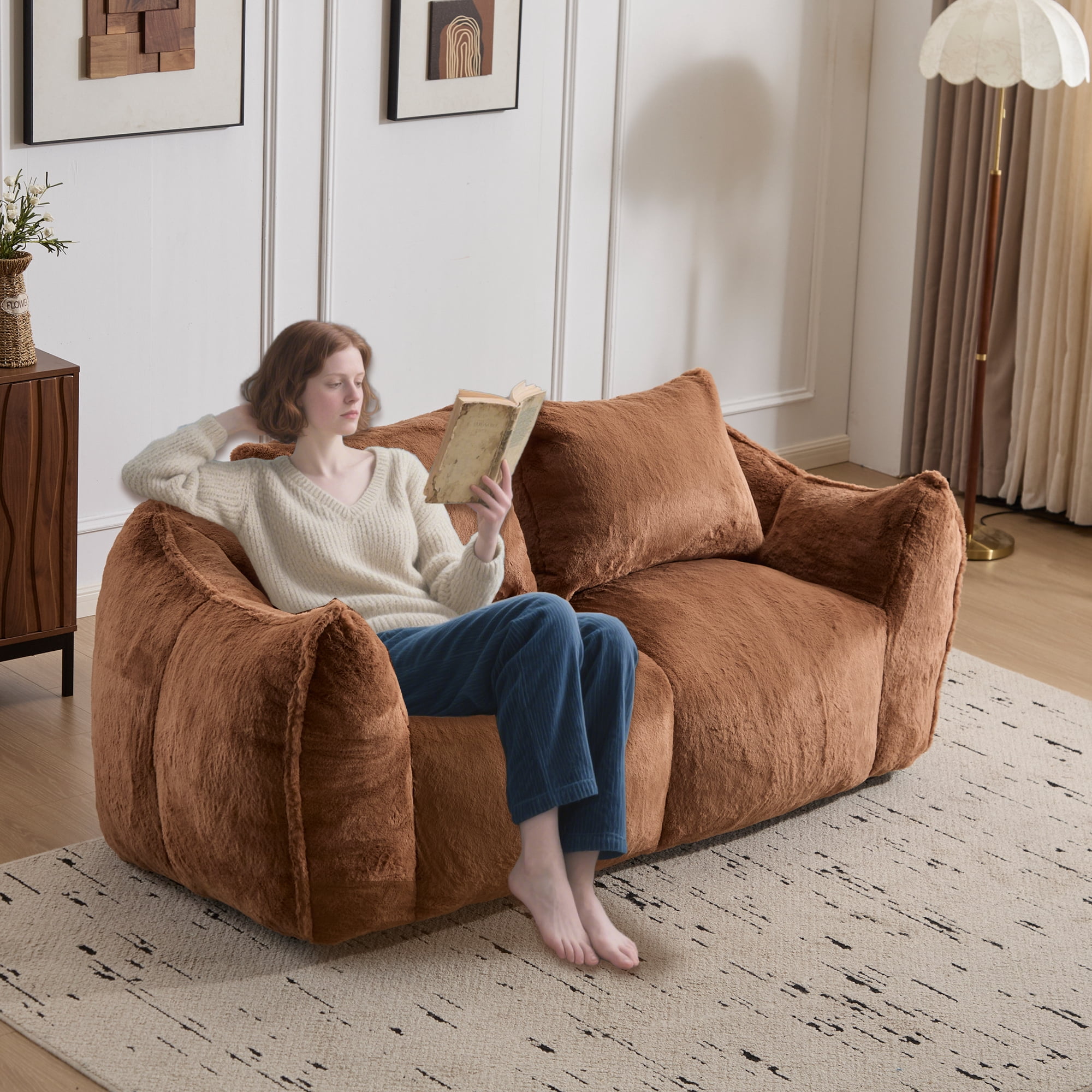FFH Bean Bag Chair for Adults, 75" Oversized Loveseat Bean Bag Sofa with 2 Pillows, Lazy Sofa Reading Chaise Lounge Couch for Living Room, Bedroom, Brown