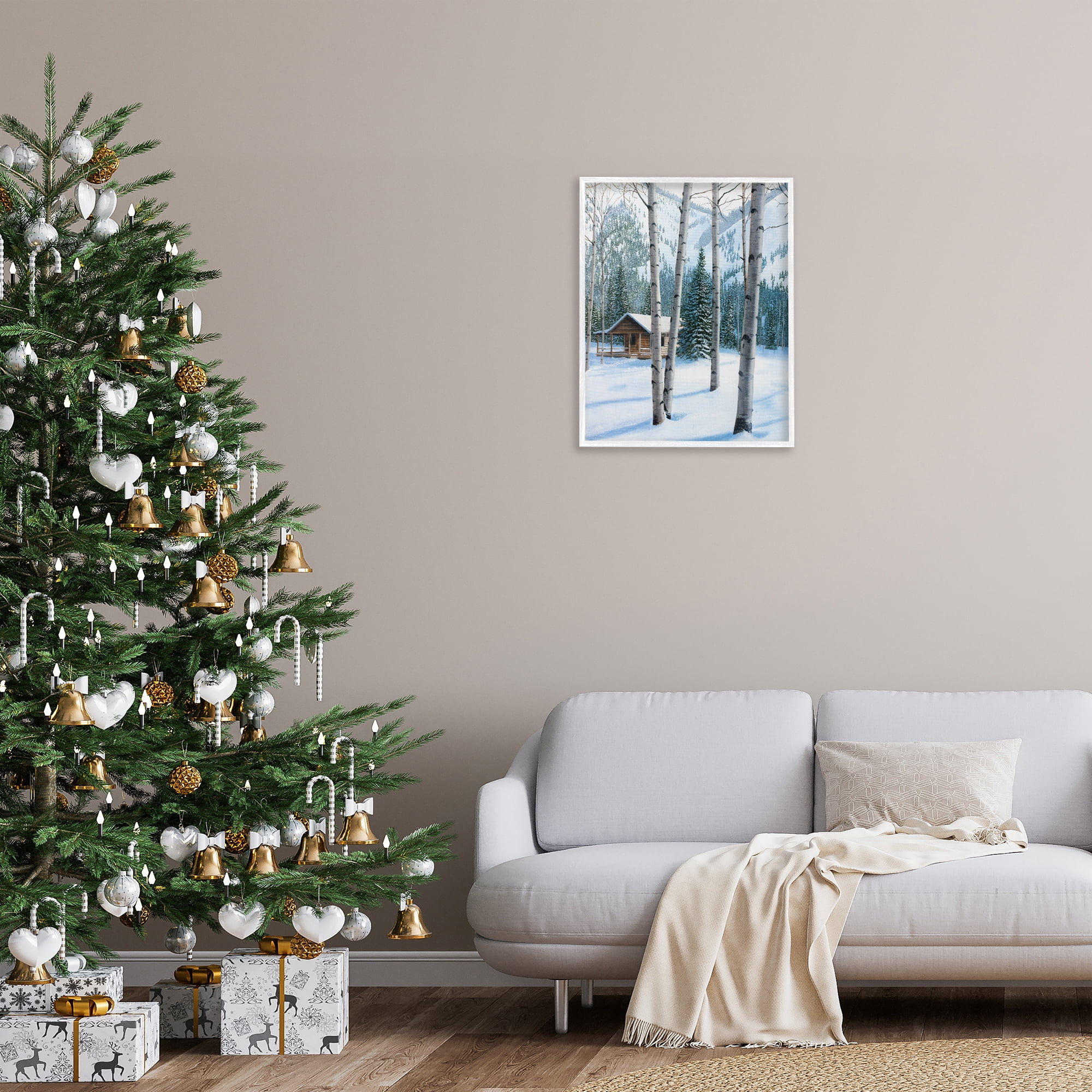 Stupell Industries Snowy Cabin Through Birch Landscape Painting White Framed Art Prints Wall Art, 24 x 30