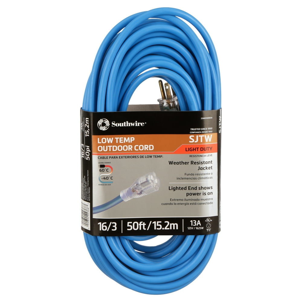 Southwire 2368Sw8806 50' 16/3 Blue HiVisibility/Low Temp Outdoor