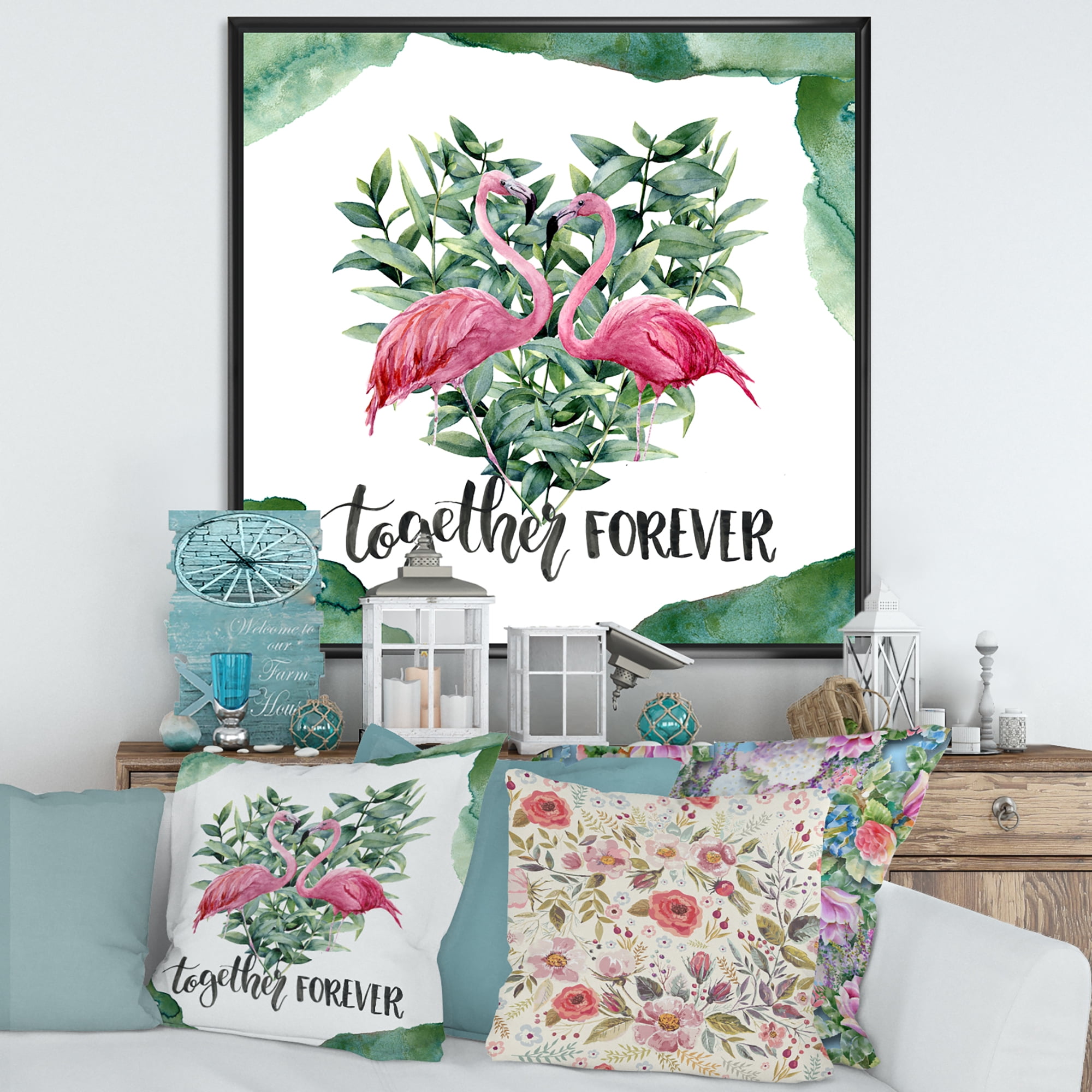 Designart 'Eucalyptus Leaves With Flamingo Floral Heart' Traditional Framed Canvas Wall Art Print
