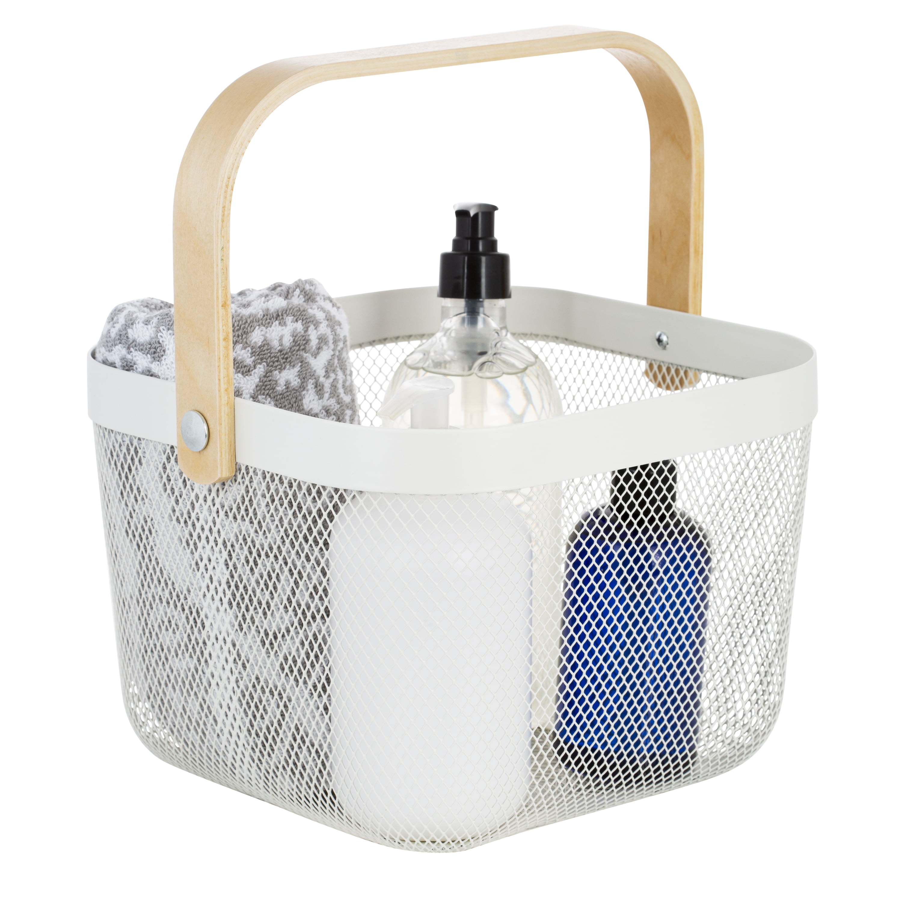 Simplify Mesh Decorative Storage Basket with Bamboo Handle, White