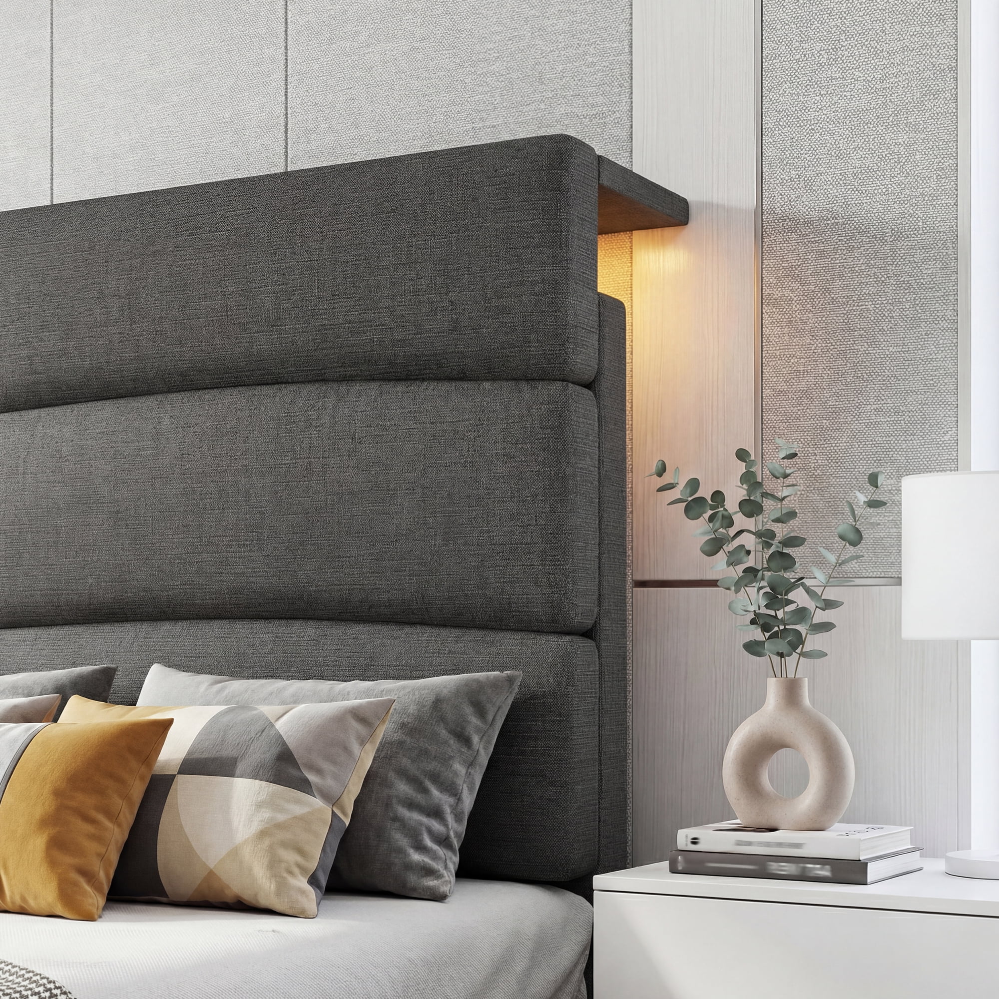 King Size Bed Frame with Storage Platform Upholstered Bed Frame with Adjustable Headboard & Charge Station,Gray