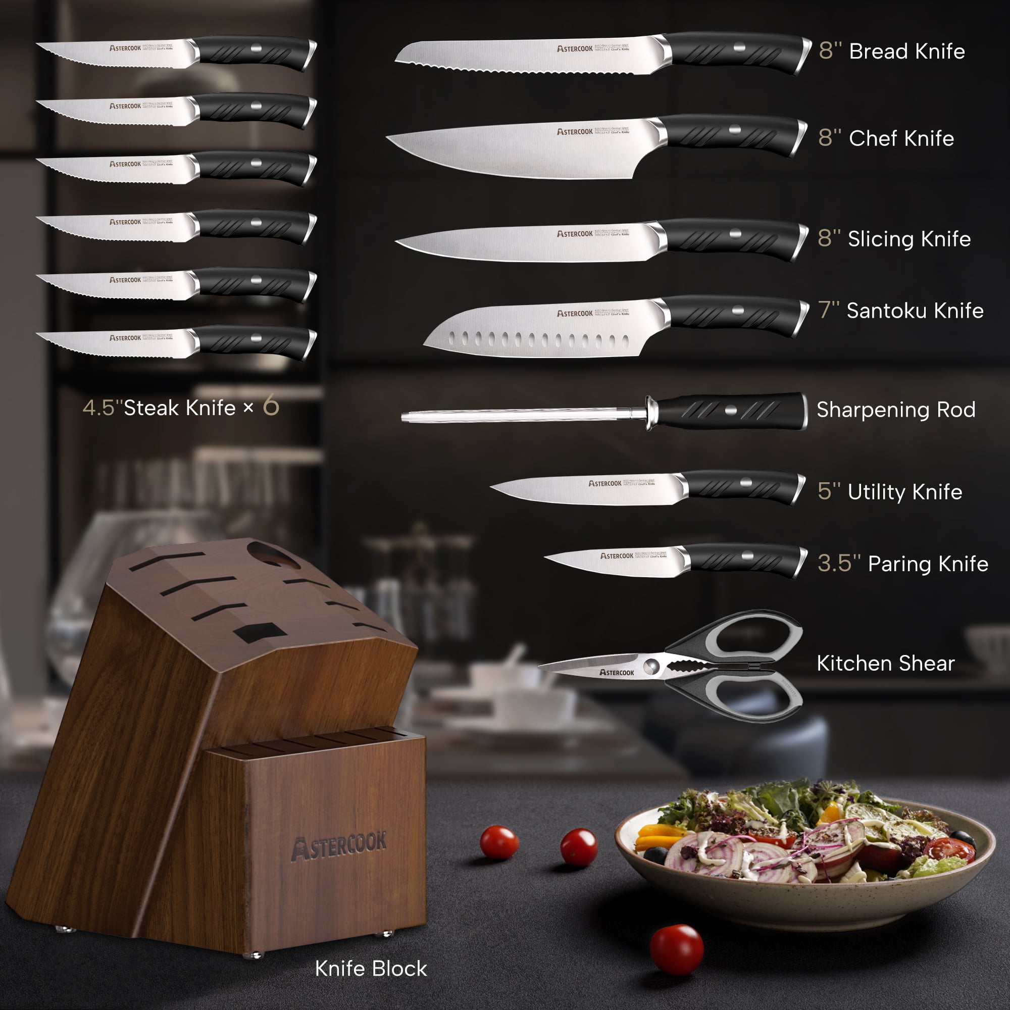 Astercook 14-Piece Kitchen Knife Set with Block & Bulid-in Sharpener, German 1.4116 Stainless Steel Knife Block Set, Full Tang Knives Sets, Anti-slip Ergonomic Handle & Dishwasher Safe Black