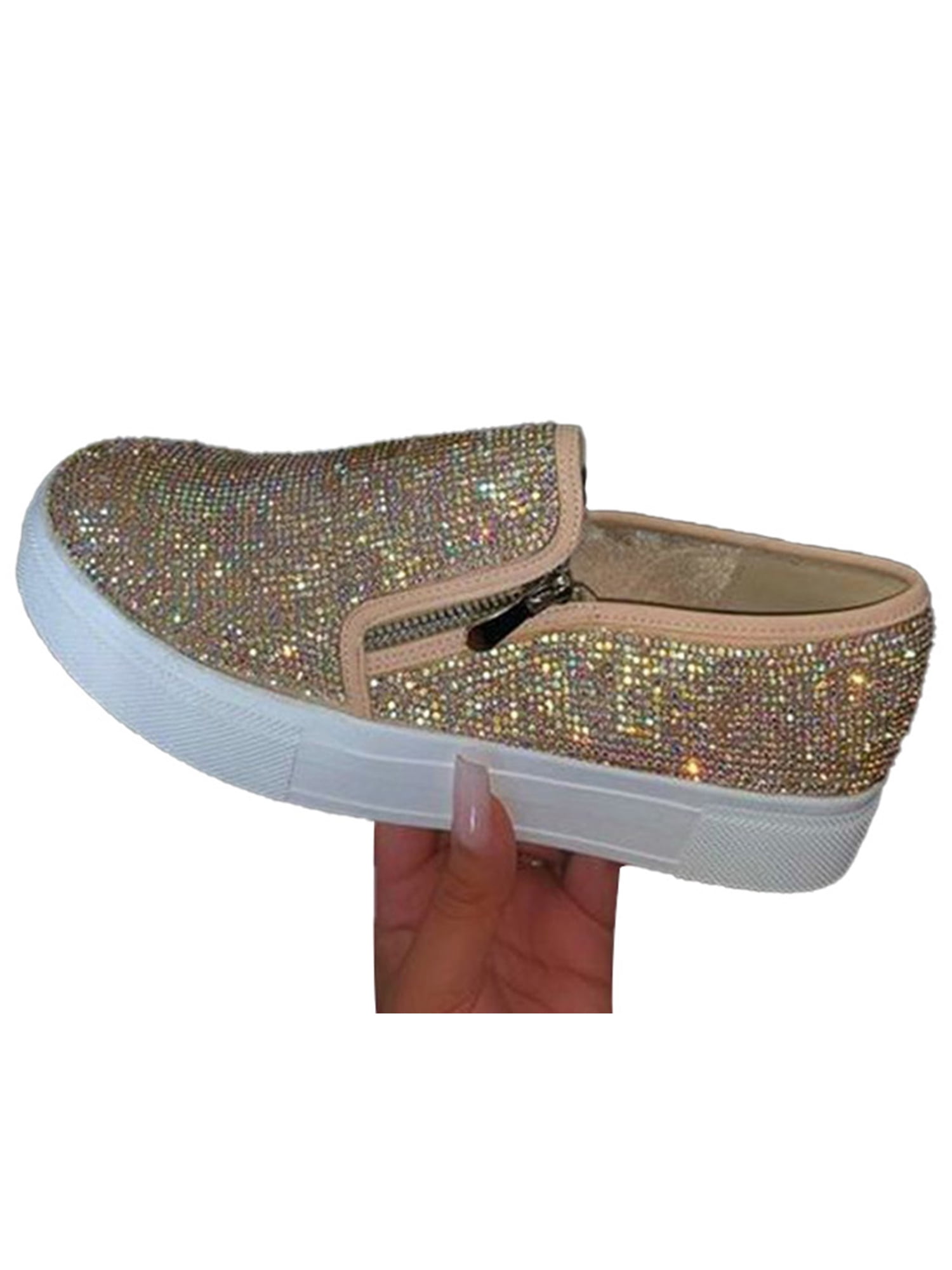 Womens Round Toe Flat Glitter Casual Platform Slip on Loafer Bling Sequins Shoes 