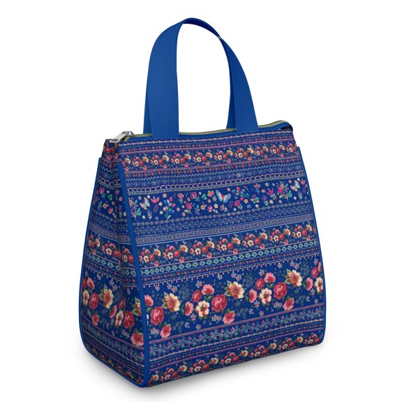 Pioneer Flower Floral Print Pattern Insulated Lunch Bag for Women & Adults,Large Portable Soft Cooler Lunch Bag,Thermal Food Storage Tote with Pearl Cotton,8.66L,8.75x5.75x9.5 Inch