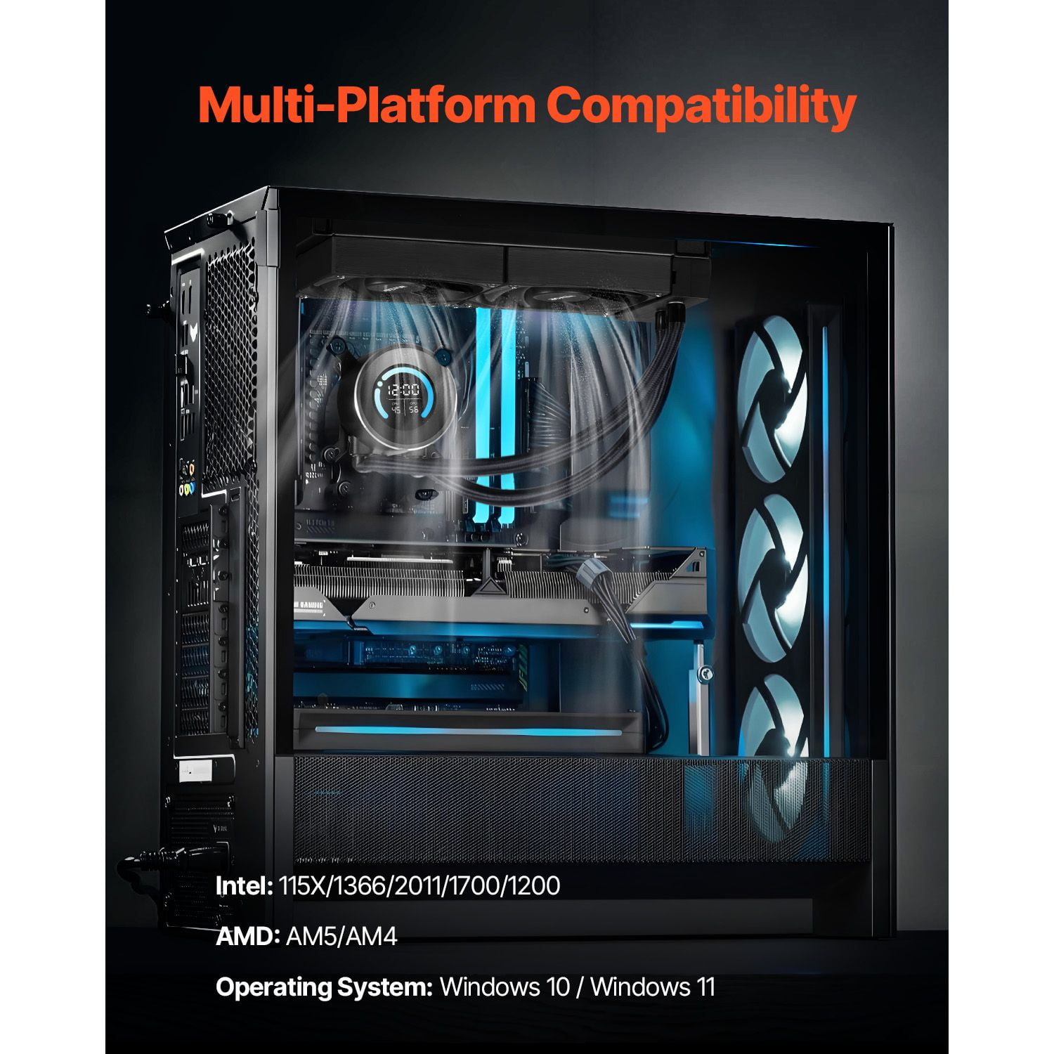 CPU Liquid Cooler, AIO CPU Water Cooler - 120mm PWN Fans, Pump, 1.8'' Display, Max. 2200RPM CPU Cooling Fan, Efficient Black PC Water Cooler for Intel