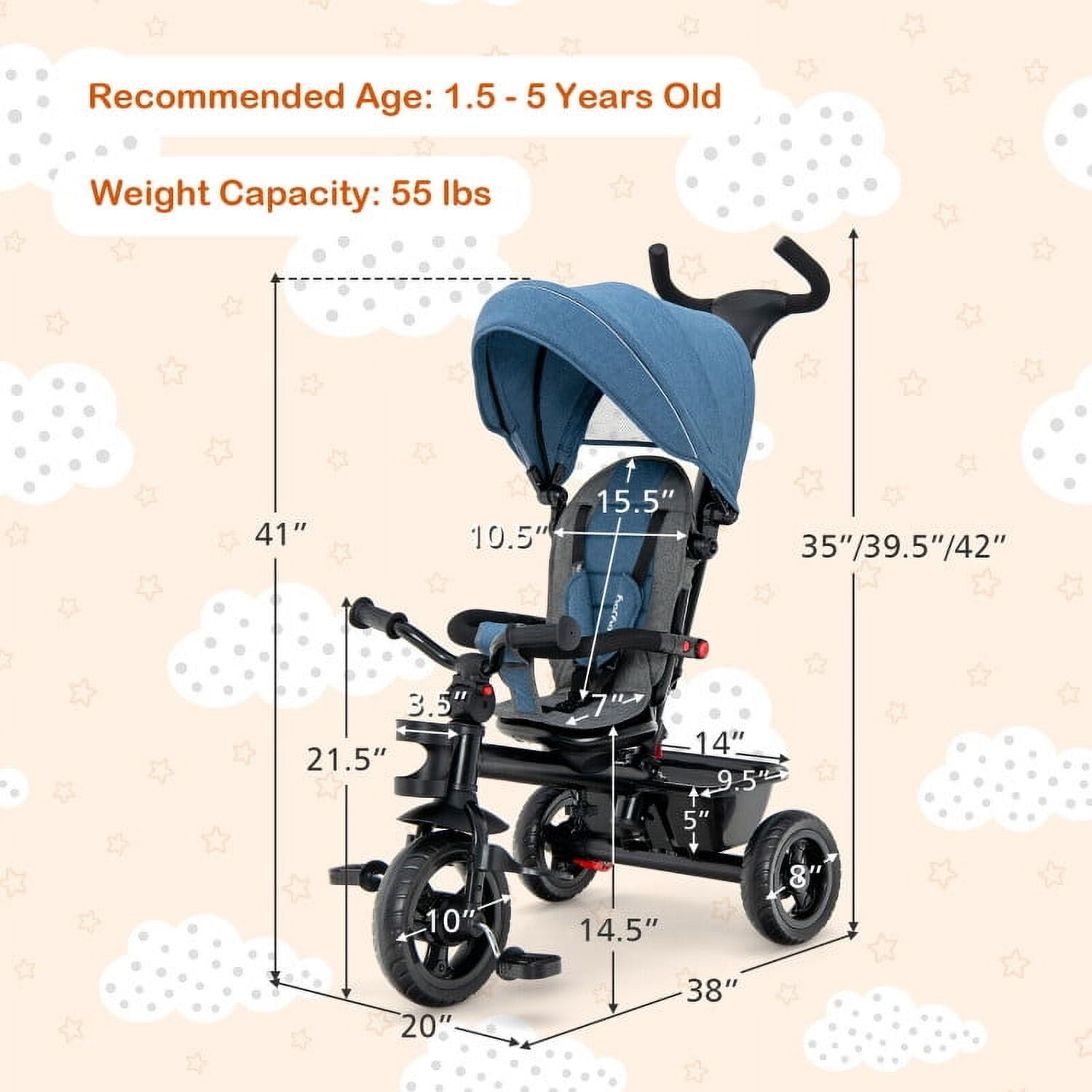 Topcobe 4-in-1 Baby Tricycle Toddler Trike with Convertible Seat, Toddler Stroller, Baby Wagon-Blue