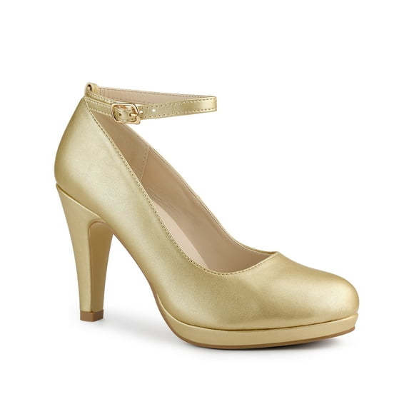 BLISSFUL STEP Women' Shoes Round Toe Stiletto Heel Ankle Strap Pumps Gold 6