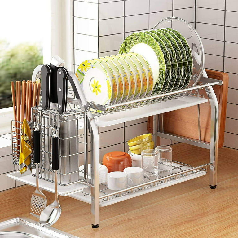 2-Tier Dish Rack,Easy Assemble Large Capacity Dish Drying Rack with Side  Mounted Utensil Holder and Cup Holder, Organizing Dishes Kitchen Counter  Top or Sink Side 