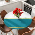 thumbnail image 2 of Modern Teal Gold Round Tablecloth 45-54 Inch Round Fitted Table Cloth with Elastic Edge, Minimalist Geometric Yellow Striped Waterproof Table Cover Protector for Outdoor Picnic Party Dining, 2 of 9