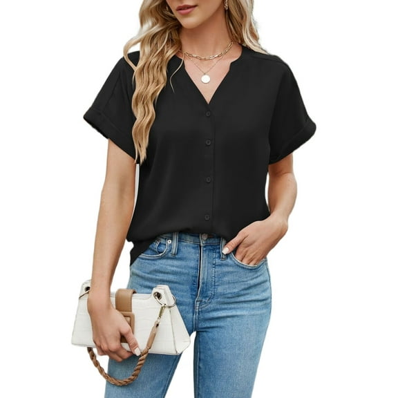 Womens Short Sleeve Shirts V Neck Collared Button Down Shirt Tops Black XL
