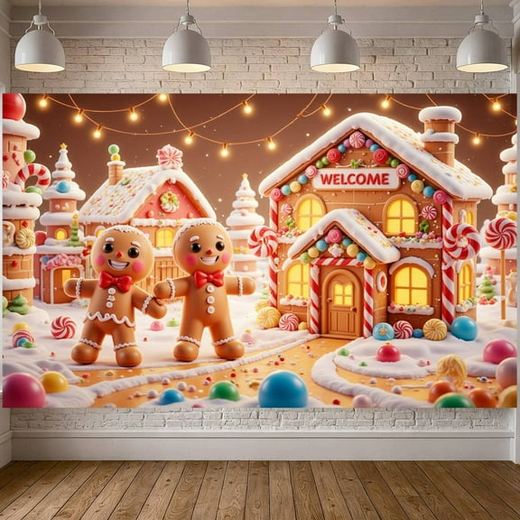 Gingerbread Man Gingerbread Banner Candy Decor Christmas Display Colorful Festive Winter Backdrop for Christmas Party Winter Decoration Family Gathering