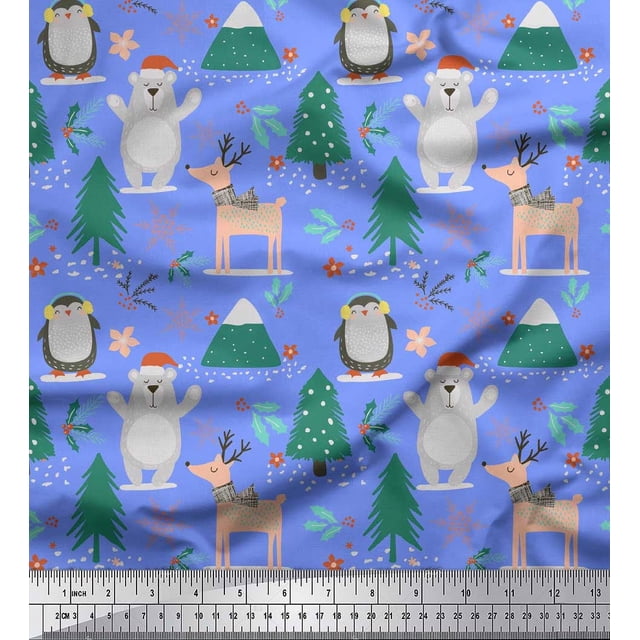 Soimoi Blue polyester Crepe Fabric Bear & Reindeer Cartoon Printed Fabric 1 Yard 42 Inch Wide