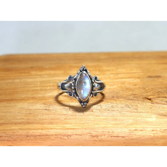 Heaven Crafts 925 Sterling Silver Marquise Shape Rainbow Moonstone Ring Handmade Jewelry Gift For Her