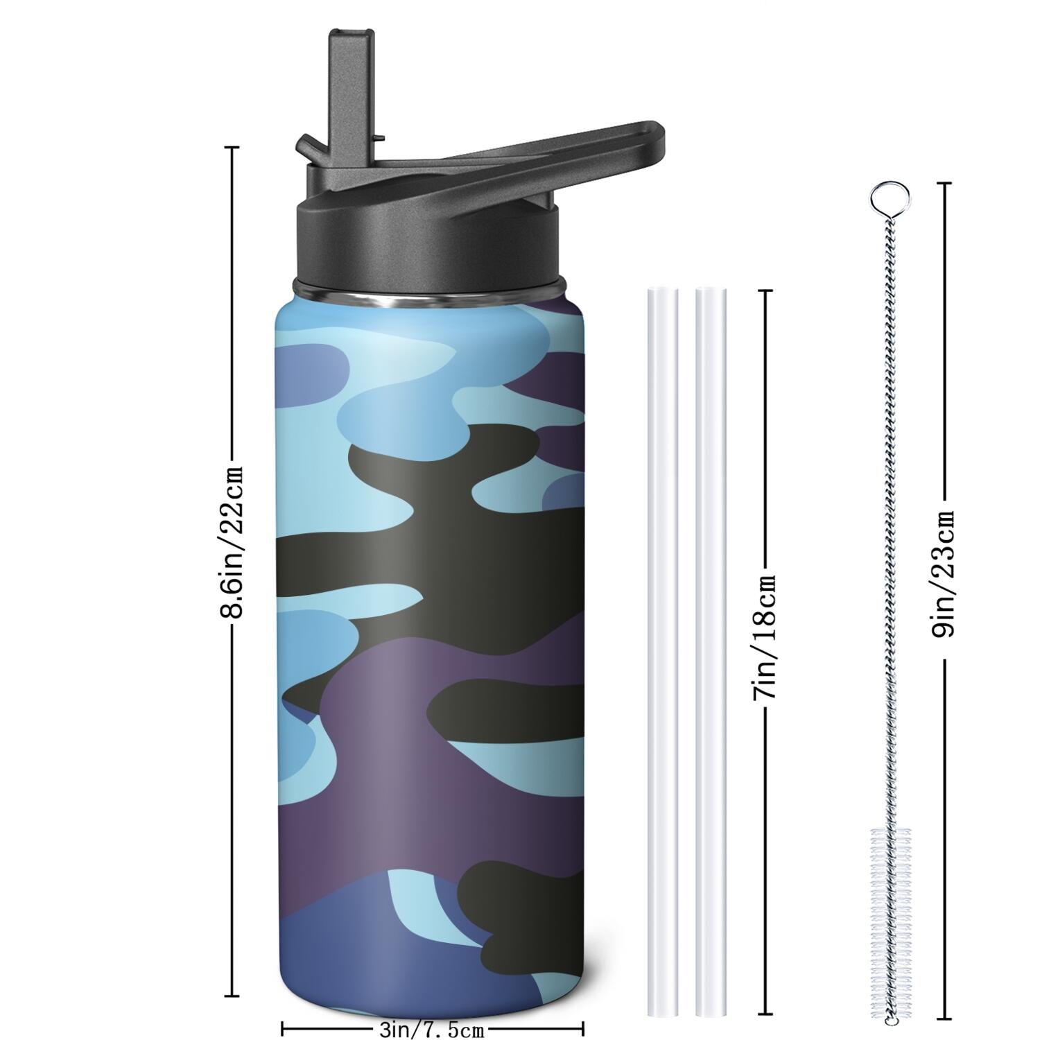 Camouflage Insulated Stainless Steel Water Bottle with Straw & Cleaning Brush – 18/32/40 Oz | Leakproof, BPA-Free, 304 Stainless Steel, Wide Mouth, Travel Mug for Car, Gym, Office