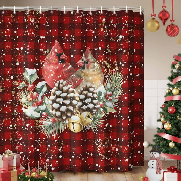 Christmas Shower Curtain, Cardinal Pine Cone Branches Red Black Plaid Waterproof Fabric Shower Curtains with 12 Hooks, Bathroom Curtain Set for Bathroom Accessories Decor, 66 x 72 Inches