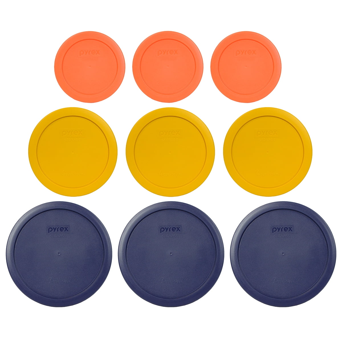 Pyrex 7200-PC 2 Cup Round 5" Storage Lid Cover 3 Pack Red Blue Orange New 