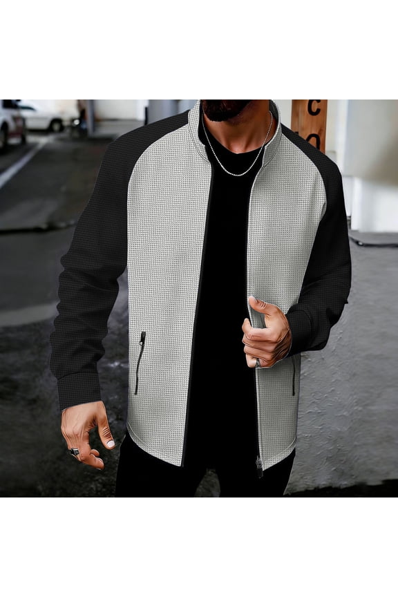 Men's Zip Up Jacket Stand Collar Color Block Waffle Knit Elastic Cuffs Athletic Coat with Zipper Pockets Gray Size XL