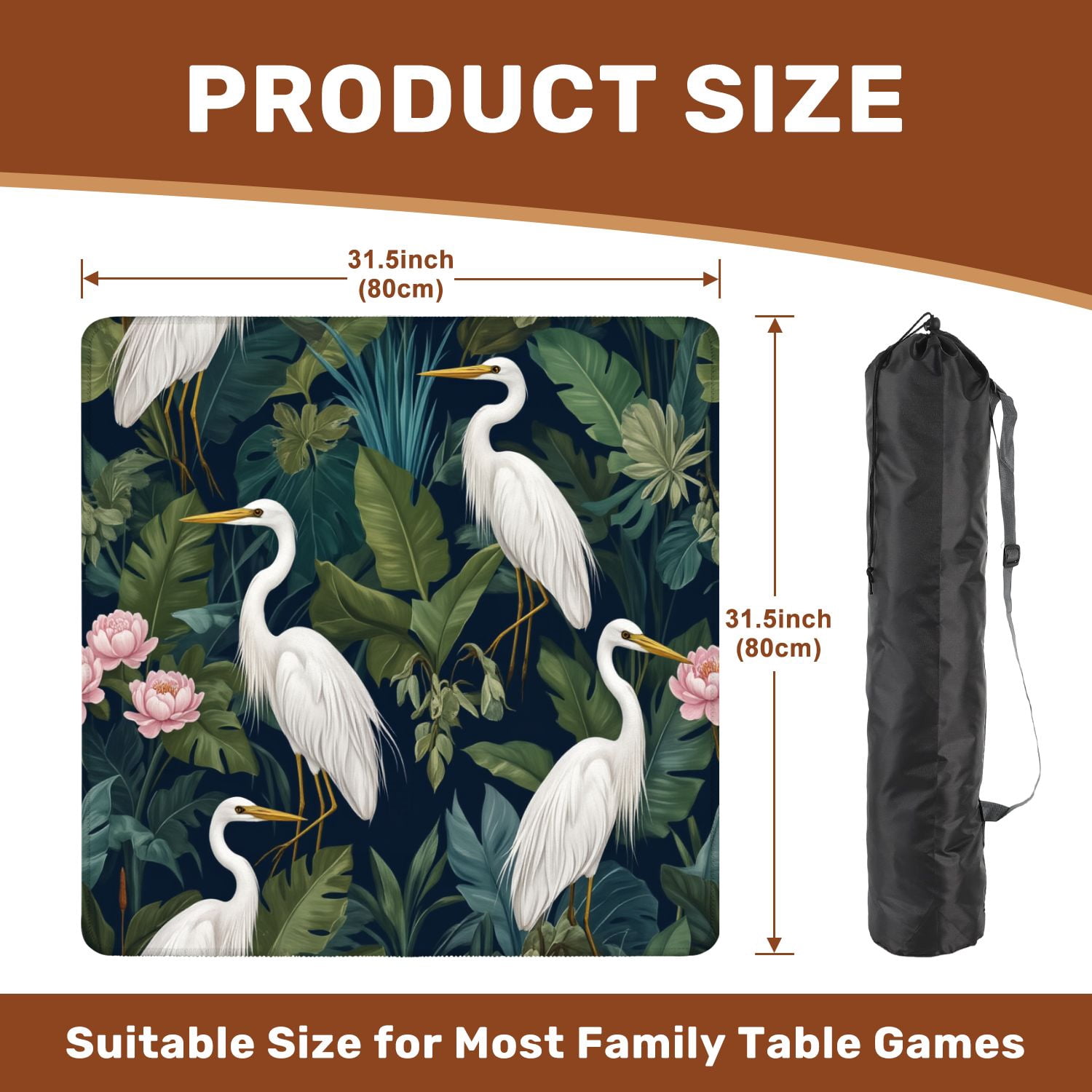 Mahjong Mat 31.5" x 31.5" Seamless chinoiserie style herons birds peonies Non-Slip Noise Reduction American Mahjong Tiles Table Cover for Dominoes Poker Card Board Games Gift