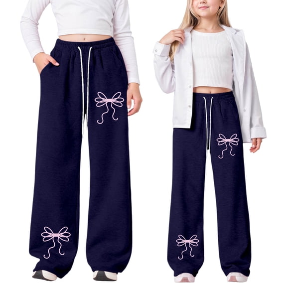 FASHOFT Bow Graphic Baggy Sweatpants for Girls Lightweight Wide Leg Casual Athletic Sweat Pants with Pockets Dark Blue