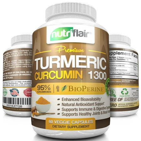 - NutriFlair Premium Turmeric Curcumin with BioPerine Black Pepper, 1300mg Turmeric Capsules with 95% Standardized Curcuminoids - Highest Potency Pain Relief, Joint Support, Gluten Free, 60 Capsules