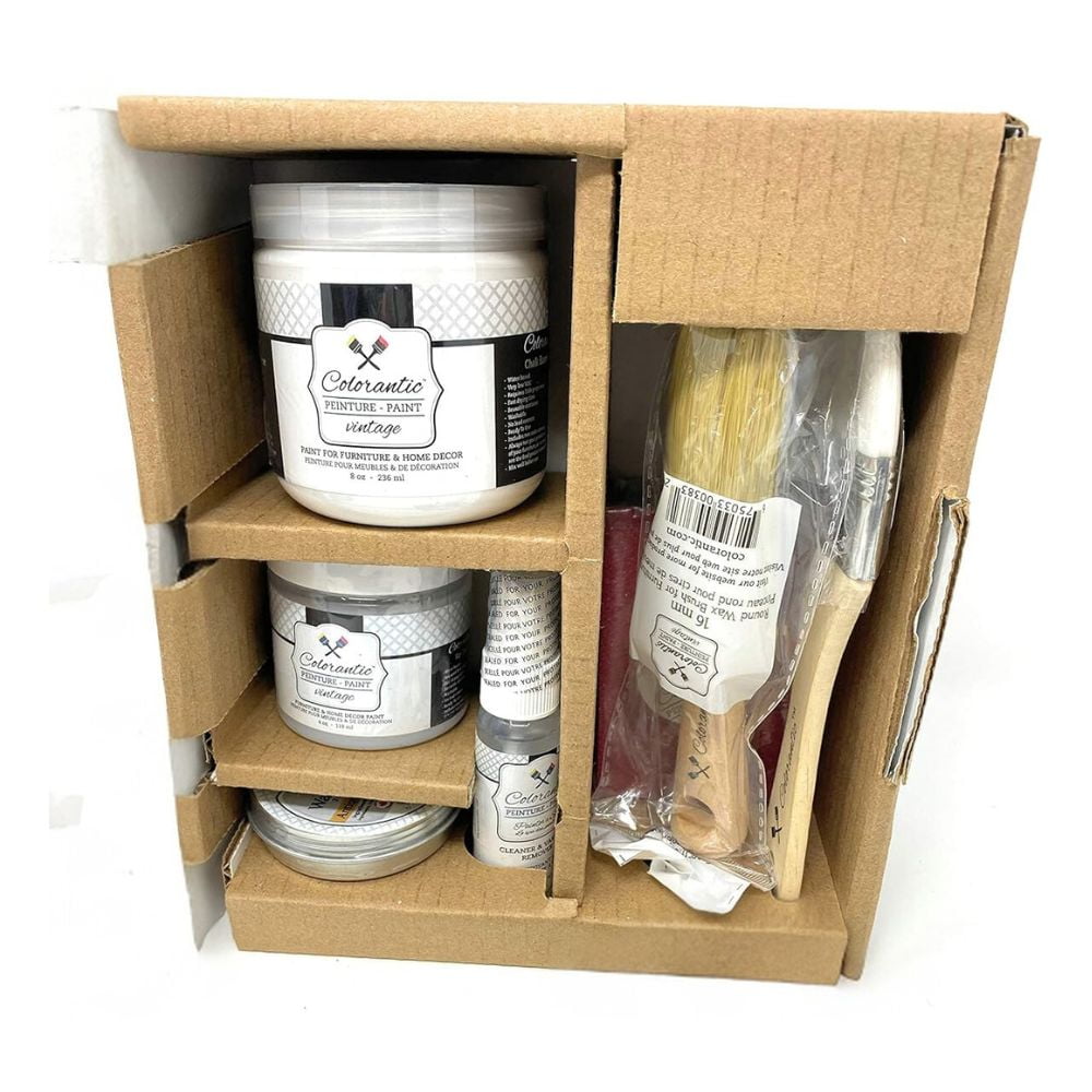 Colorantic | COTTON BALL WHITE STARTER KIT of Chalk Based Paint Wax Varnish Round Brushes for Furniture DIY | Decorative Craft Painting for Wood | 7 Items Kit