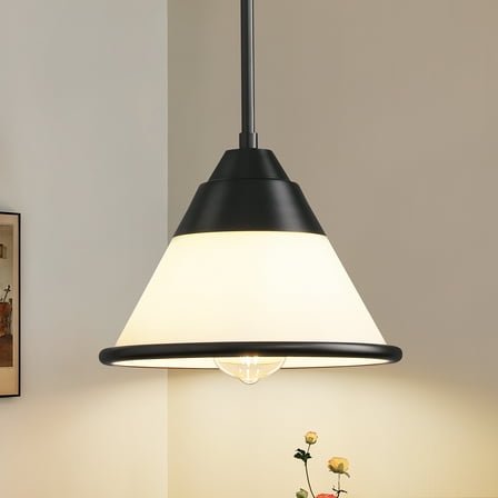 Modern Black Pendant Light Metal Frame White Frosted Glass Shade for Living Room Dining Room Kitchen Island