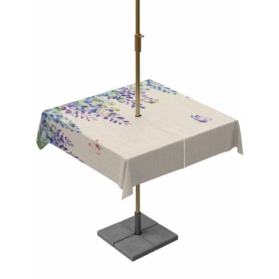 Outdoor Tablecloths with Umbrella Hole & Zipper, Wisteria 60x60 Inch Square Tablecloths, Purple Flowers Leaves Butterflies Plants Spring Beige Waterproof Table Cloth, Patio/Pool/Picnic Table Covers